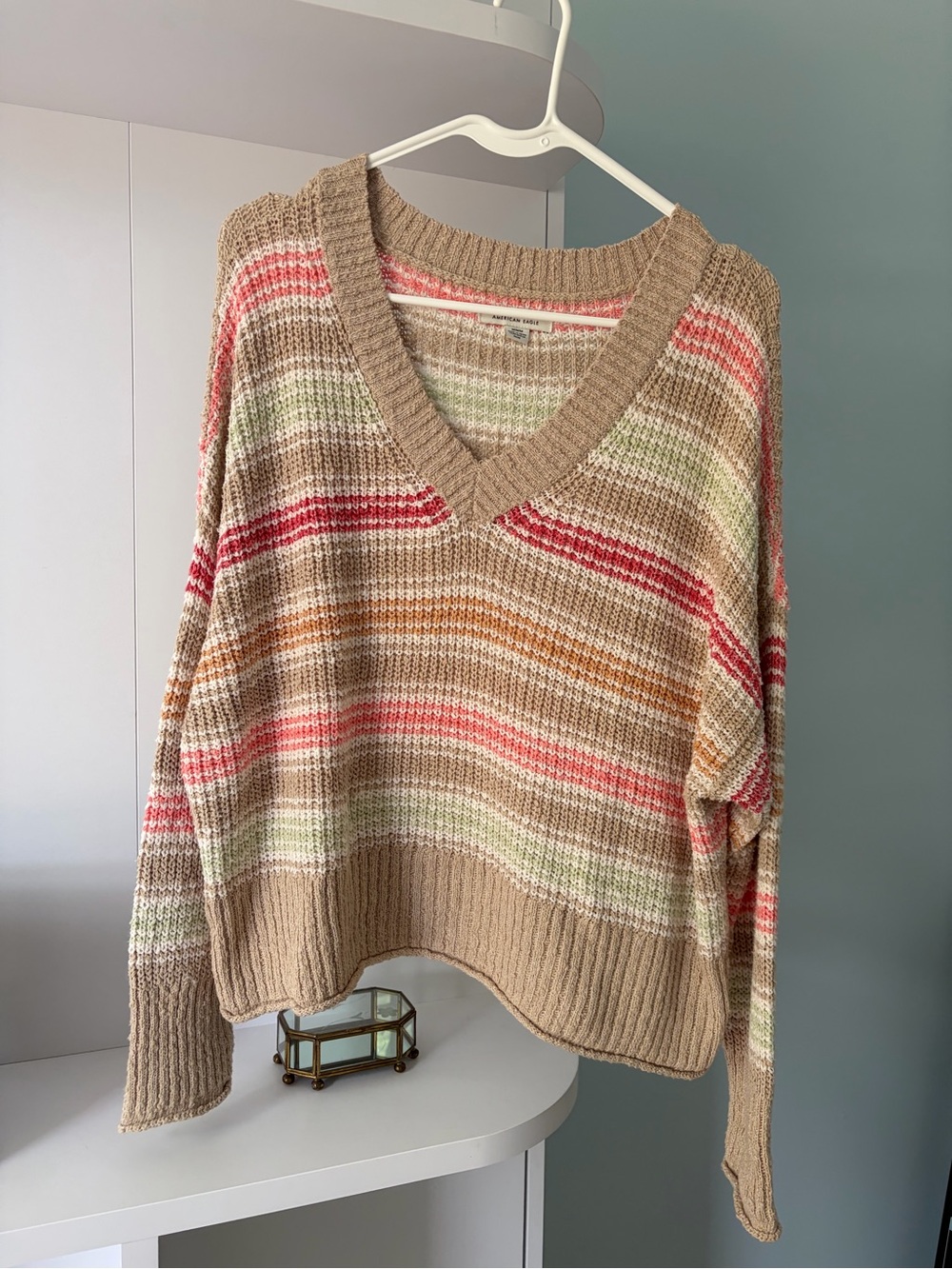 American Eagle Striped V-Neck Knit Sweater